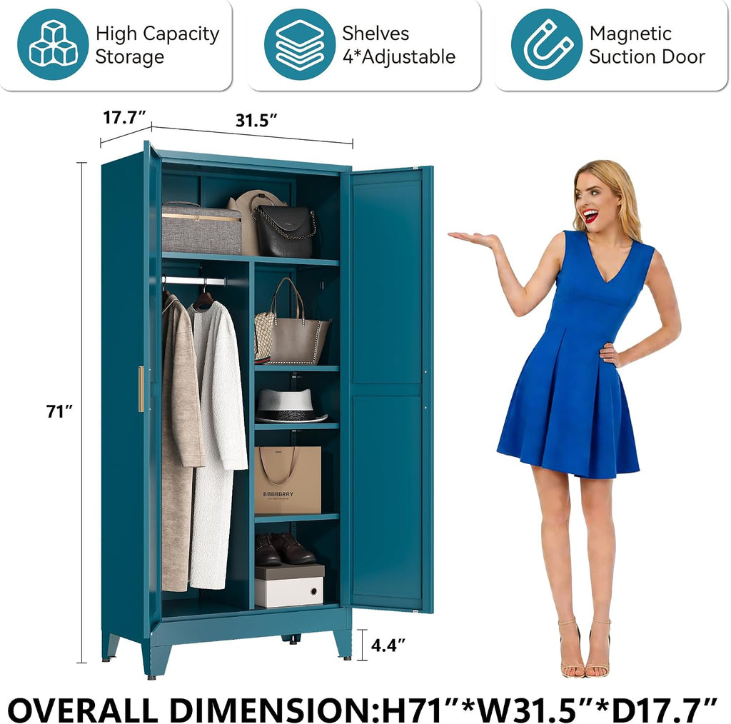 Metal Armoire Wardrobe Closet, Blue Farmhouse Storage Cabinet with Adjustable Shelves and Hanging Rod, 2 Doors Steel Wardrobe Cabinet Storage Clothes Closet foe Bedroom office School Dormitorio Gym