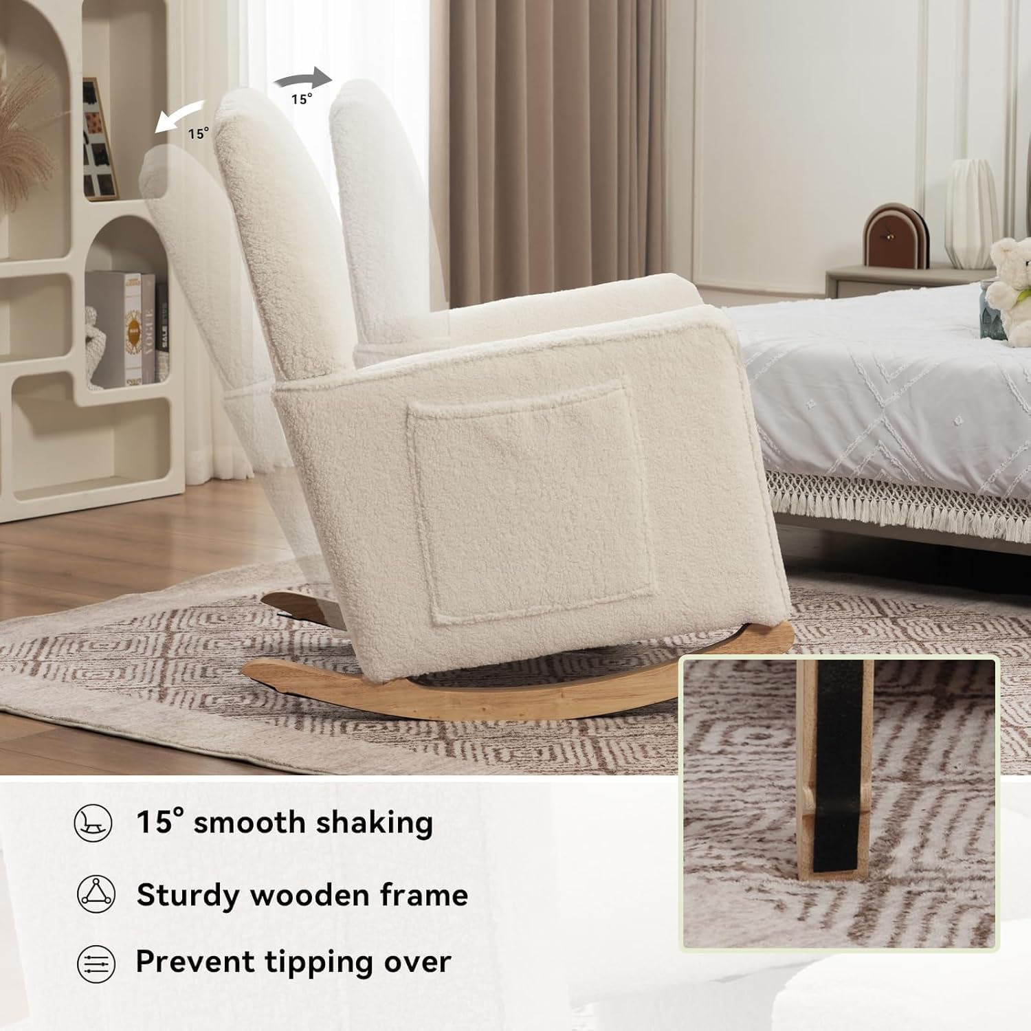 FOXHUNTER Rocking Chair Nursery with Adjustable Footrest and High Backrest, Upholstered Glider Chairs with Side Pockets for Nursery, Rocker Armchair Indoor for Living Room,White