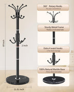 Metal Coat Rack with Natural Marble Base,360°Rotary Coat Rack Stand with 14 Hooks,Modern Freestanging Coat Racks, Black Coat Jacket Hanger Clothes Tree Stand for Entryway,Corner