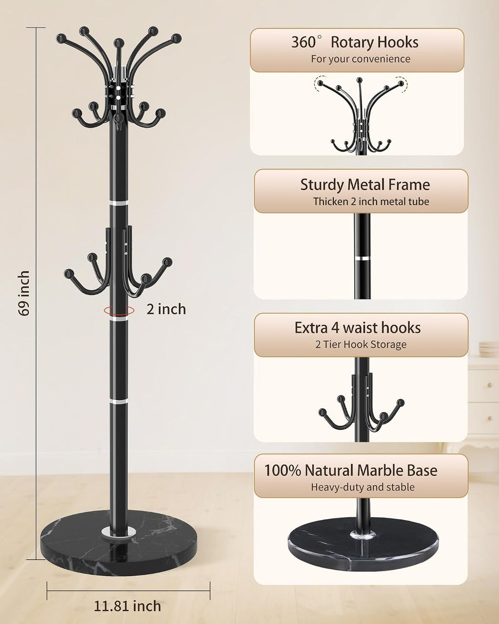 Metal Coat Rack with Natural Marble Base,360°Rotary Coat Rack Stand with 14 Hooks,Modern Freestanging Coat Racks, Black Coat Jacket Hanger Clothes Tree Stand for Entryway,Corner