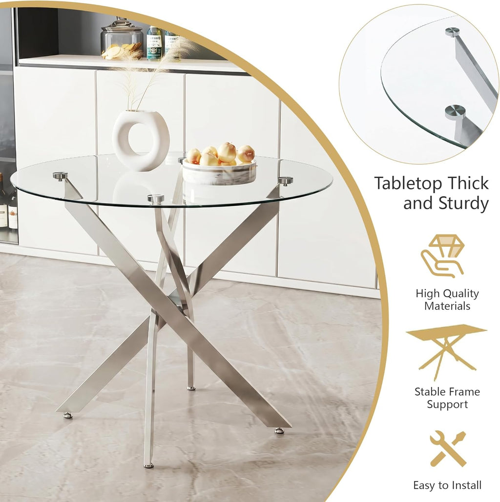 5 Piece Round Glass Dining Table Set for 4, Modern Tempered Glass Top with 4 Upholstered Chairs, Space-Saving Silver & White Set for Small Apartment, Studio,Kitchen or Dining Room
