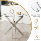5 Piece Round Glass Dining Table Set for 4, Modern Tempered Glass Top with 4 Upholstered Chairs, Space-Saving Silver & White Set for Small Apartment, Studio,Kitchen or Dining Room