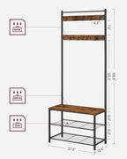 VASAGLE Coat Rack, Hall Tree with Shoe Storage Bench, Entryway Bench with Shoe Storage, 3-in-1, Steel Frame, for Entryway, 12.6 x 27.6 x 68.9 Inches, Industrial, Rustic Brown and Black UHSR41BX