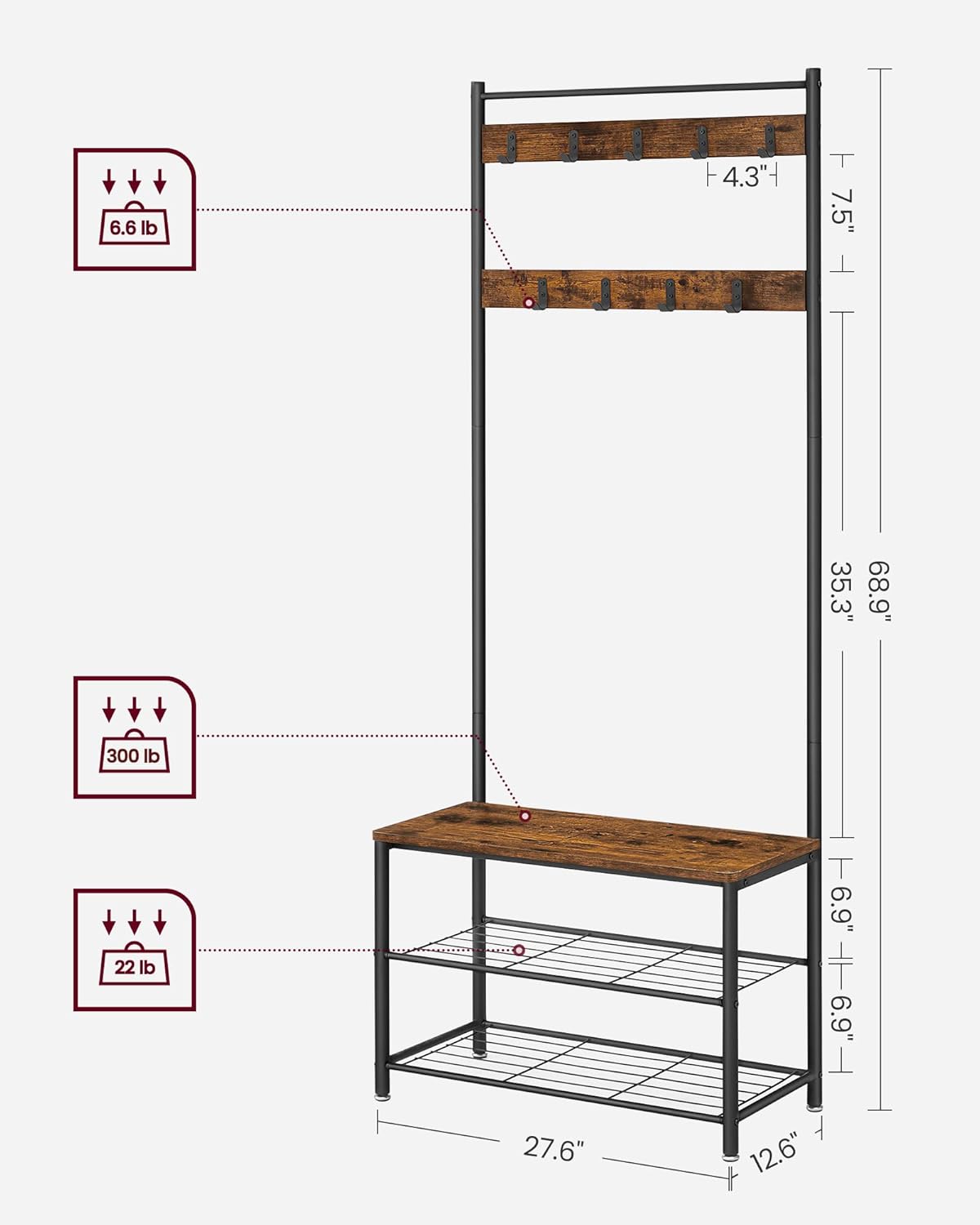 VASAGLE Coat Rack, Hall Tree with Shoe Storage Bench, Entryway Bench with Shoe Storage, 3-in-1, Steel Frame, for Entryway, 12.6 x 27.6 x 68.9 Inches, Industrial, Rustic Brown and Black UHSR41BX