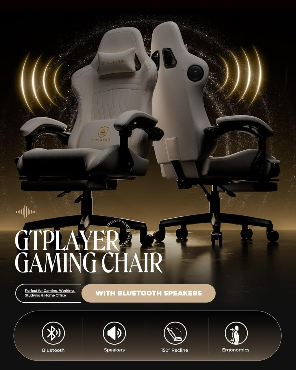 GTPLAYER Gaming Chair for Adults, Ergonomic Computer Game Chairs with Speakers, Footrest & Linkage Armrest, Reclining High Back Silla Gamer for Home Office, Ace Pro, Off-White