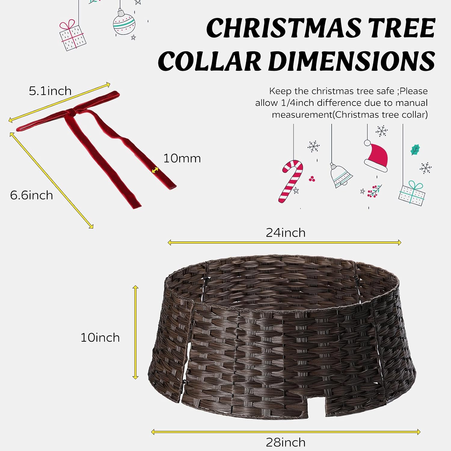 28" Christmas Tree Collar for Pencil Trees with 24Pcs Velvet Christmas Tree Bows,Cord Cut-Out, Basket Tree Skirt Collar Stand for 4.5-9 ft Artificial Trees