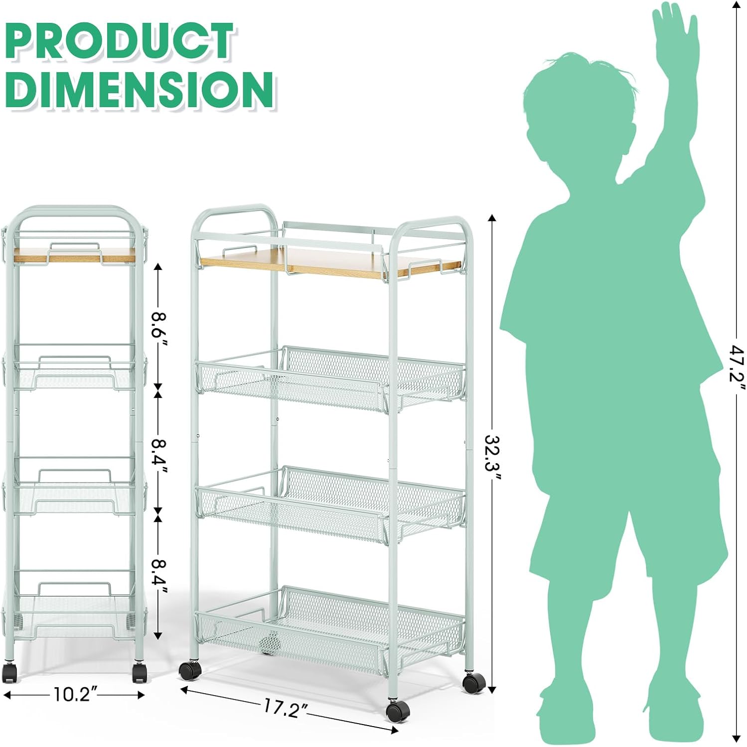 TOOLF 4-Tier Rolling Cart, Metal Utility Cart, Slide Out Storage Cart with Wooden Tabletop and Mesh Baskets for Narrow Space on Kitchen Bathroom Laundry Room Bedroom Apartments Dormitory (Green, Wide)