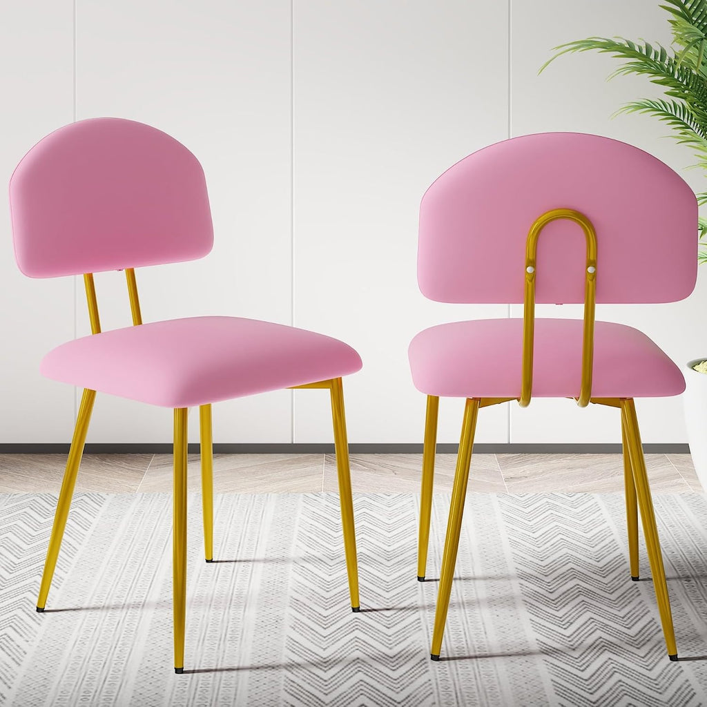 VECELO Dining Chairs Set of 2, Upholstered Kitchen Chairs with Extra Thick Cushion & Sturdy Metal Frame, Faux Leather Chairs for Vanity, Kitchen, Living Room, Pink
