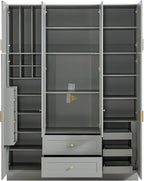 71" H Large Kitchen Pantry with 6 Doors, 53.2" L x 17.7" W Wooden Cupboard with Drawers, Pull-Out Trays, Wine Rack and Adjustable Shelves for Dining Room, Gray-Green