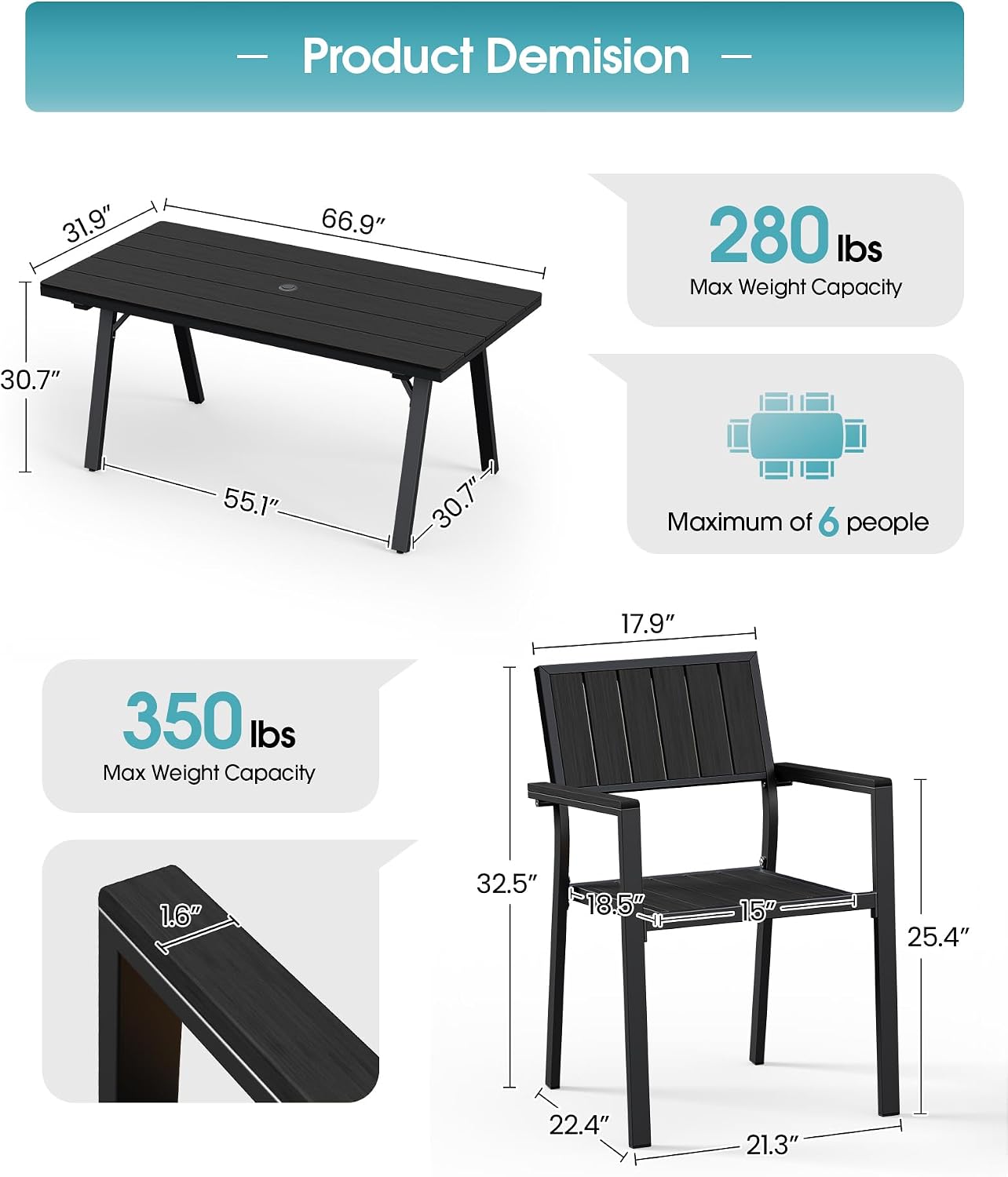 Ciokea Aluminum Patio Dining Chairs Set of 2, Outdoor Stackable Chairs with Wide Seat, All-Weather HDPS Oversized Porch Chair for Backyard, Poolside, Lawn & Garden, Deck | 2-Piece, Black