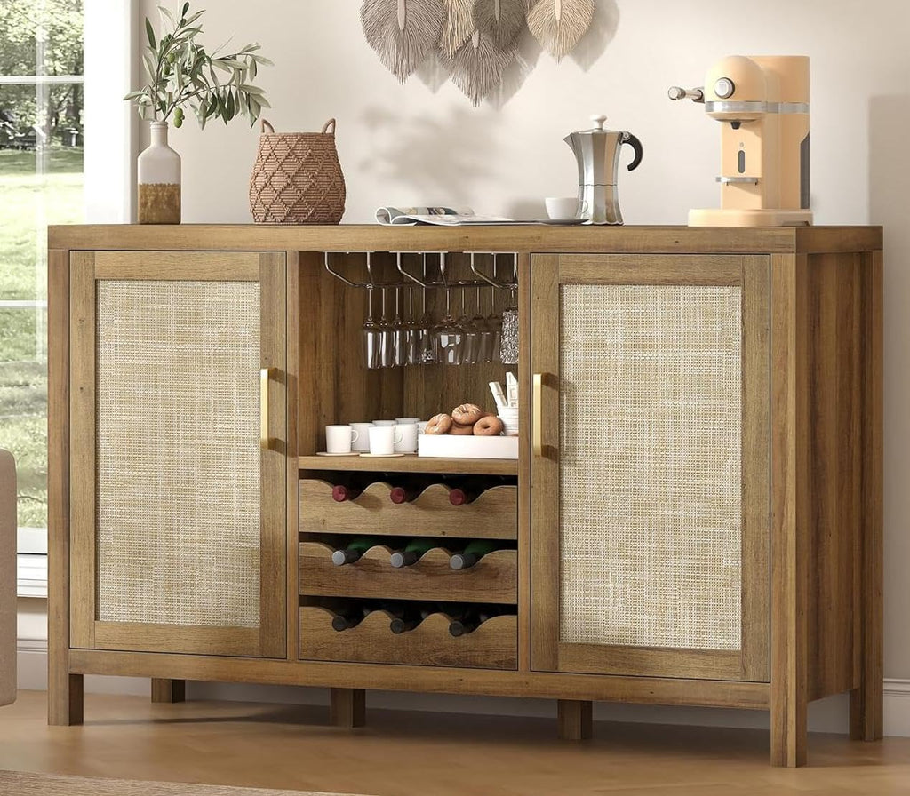 Rattan Wine Bar Cabinet, Boho Rattan Home Bar with Glass Holder and Drawer Style Racks, Oak Sideboard Buffet Storage Cabinet for Living Dining Room Kitchen (Caramel Oak)