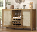 Rattan Wine Bar Cabinet, Boho Rattan Home Bar with Glass Holder and Drawer Style Racks, Oak Sideboard Buffet Storage Cabinet for Living Dining Room Kitchen (Caramel Oak)