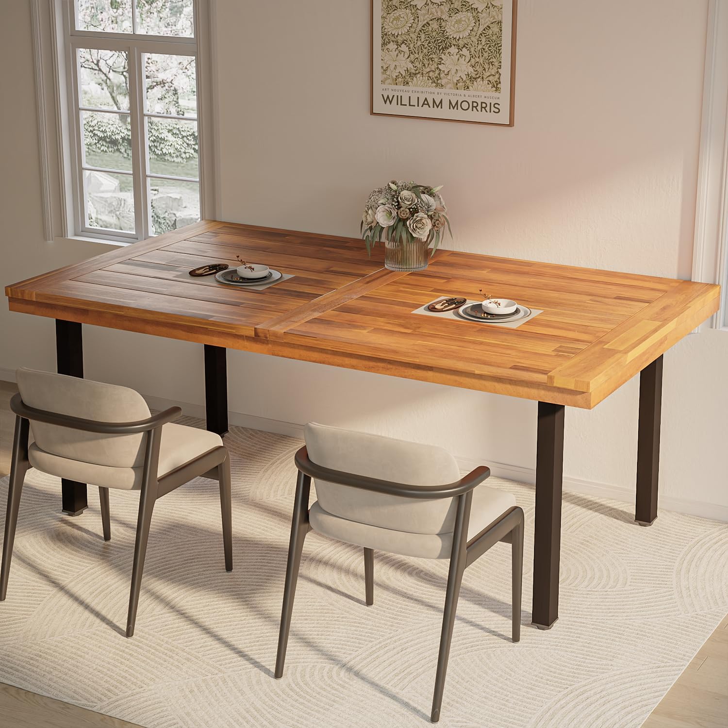 OFIKA Dining Table for 6-8 People, 70" Acacia Wood Rustic Rectangular Dinner Table with Metal Frame, Sandblast Finish, Natural Stained, Indoor Outdoor Kitchen Dining Room Table Large 70x33.2x30 inch