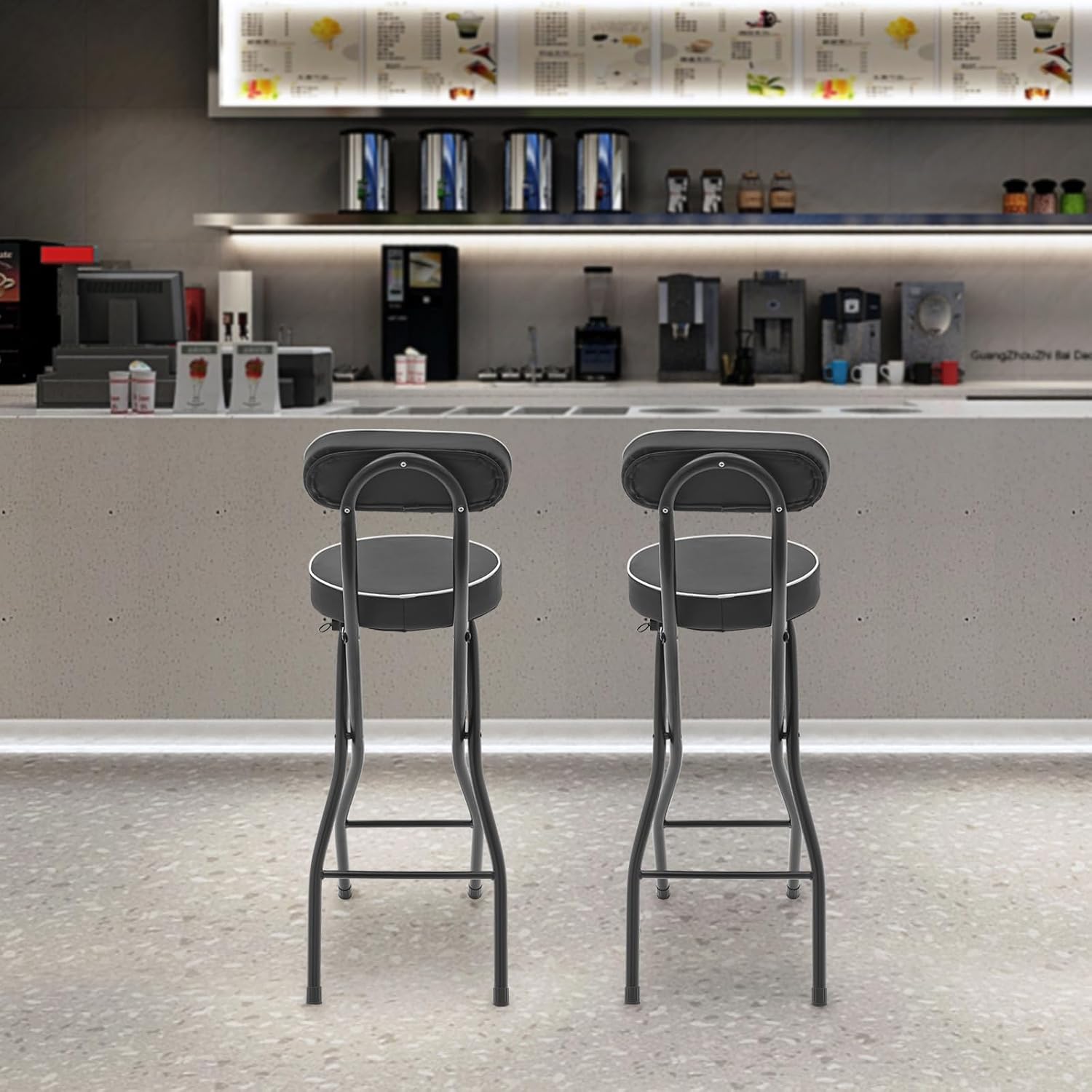2Pcs-Folding Bar Stool with Back, Black Tall Foldable Chair Counter Height Collapsible Stool PU Leather Padded for Kitchen Island, Restaurant, Bar, Cafe Shop, Outdoor Camping