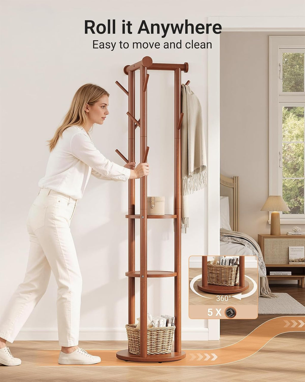 Pipishell Rolling Pine Wood Coat Rack, Freestanding Coat Tree with Wheels, 9 Hooks, T-Shaped Top & 3-Tier Shelves for Entryway, Hallway, Bedroom, Hall Tree for Coats, Bags, Hats & Scarves