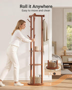 Pipishell Rolling Pine Wood Coat Rack, Freestanding Coat Tree with Wheels, 9 Hooks, T-Shaped Top & 3-Tier Shelves for Entryway, Hallway, Bedroom, Hall Tree for Coats, Bags, Hats & Scarves