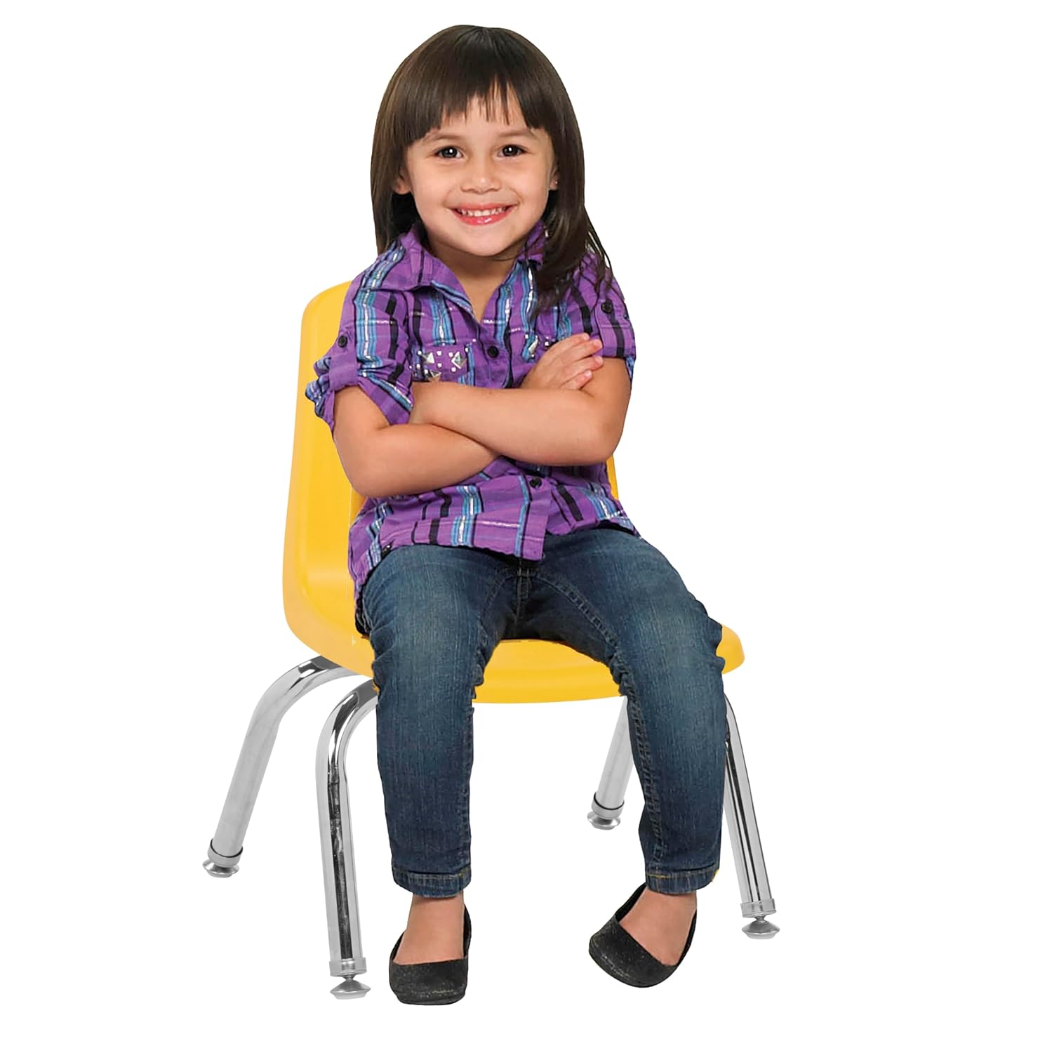 FDP 10" School Stack Chair, Stacking Student Seat with Chromed Steel Legs and Nylon Swivel Glides for in-Home Learning or Classroom - Yellow(4-Pack), 13227-YE