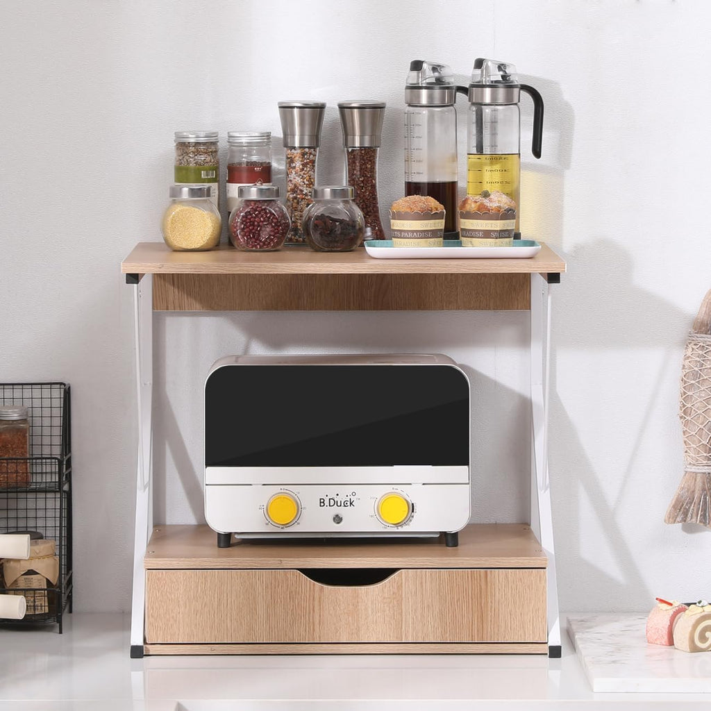 Kitchen Countertop nizer with 3 Tier Microwave Shelf Metal Frame Oven Rack Wood Stand with Drawer 2 Tier Storage and nization Solution for Home