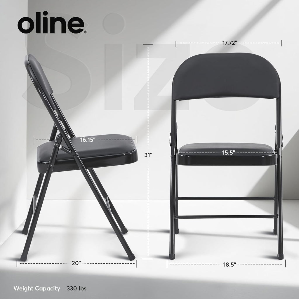 Oline Vinyl Folding Chairs, Padded Vinyl Cushion Chairs with Durable Metal Frame, Indoor Outdoor Stackable Foldable Guest Chairs for Office Wedding Kitchen Dining, 300lb Capacity (Black, 4 Pack)