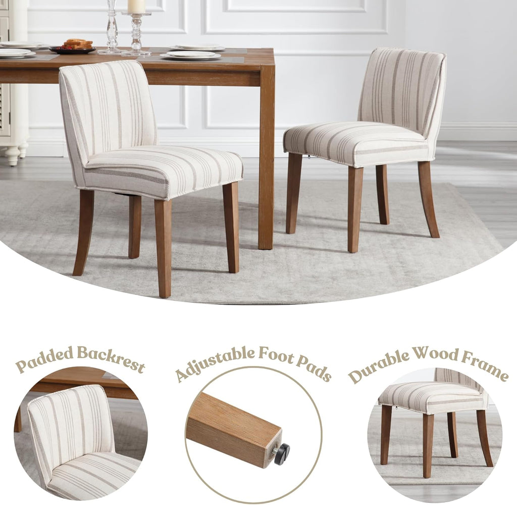 Mid-Century Dining Chairs Set of 4, Linen Fabric Khaki Striped Kitchen Chairs with Walnut Wood Leg Cushioned Back Modern Rustic Side Chairs for Living Room/Kitchen/Dining/Restaurant