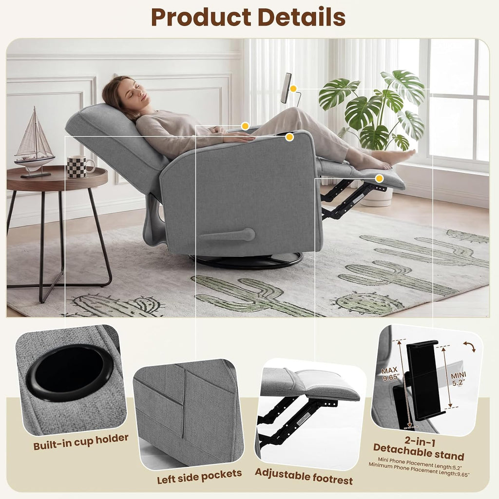 360° Swivel Rocker Recliner Chair with Adjustable Footrest, Rocking Chair Nursery with Phone Stand & Cup Holder,Manual Nursing Chair Glider Recliner Armchair for Adults, Living Room (Grey)