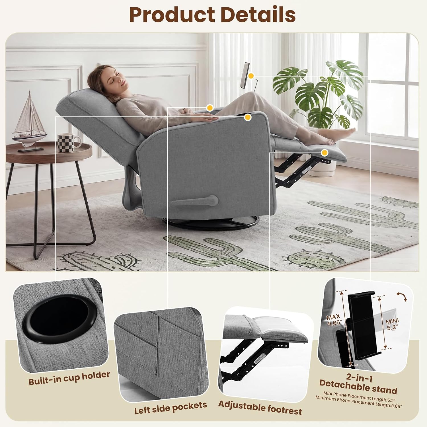 360° Swivel Rocker Recliner Chair with Adjustable Footrest, Rocking Chair Nursery with Phone Stand & Cup Holder,Manual Nursing Chair Glider Recliner Armchair for Adults, Living Room (Grey)
