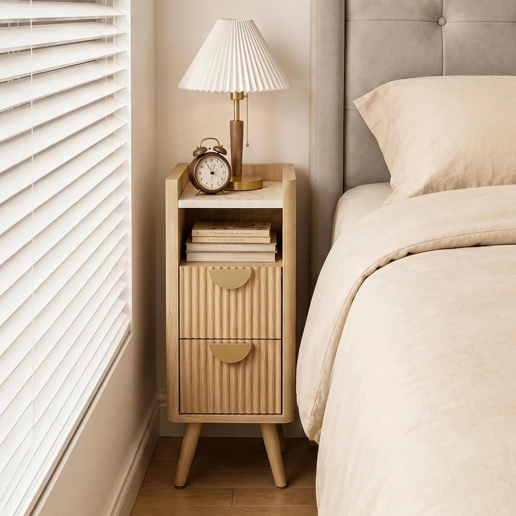 26.4" Tall Narrow Nightstand, 9.8" Wide Fluted End Table with 2 Drawer & Open Shelf, Wood Night Stand w/Rounded Corner, Slim Side Table for Bedroom/Entryway/Living Room, Natural