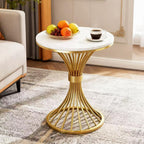 BeautyVerve Rock Plate Small End Tables for Living Room Coffee Tables, Modern Round Side Table with Like-Marble Hard Top, Metal Base, for Patio Bedroom, Corner Desk (Snow Mountain White)
