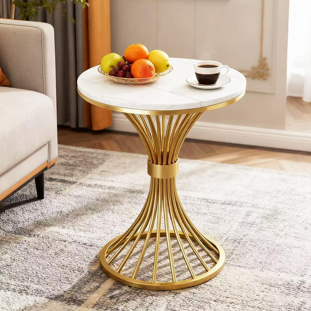 BeautyVerve Rock Plate Small End Tables for Living Room Coffee Tables, Modern Round Side Table with Like-Marble Hard Top, Metal Base, for Patio Bedroom, Corner Desk (Snow Mountain White)