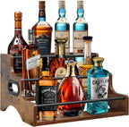 AT-VALY 3-Tier Liquor Bottle Display Shelf, Iron&MDF Countertop Wine Rack, Liquor Cabinet for Home Decor, Mini Bar(Rustic Brown)