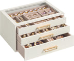 SONGMICS 3-Layer Jewelry Box with Glass Window, Jewelry Storage Organizer with 3 Drawers, Golden Handles, for Rings, Earrings, Bracelets, Gift Idea, Cream White, 6.3 x 9.4 x 4.9 Inches UJBC206WD02S