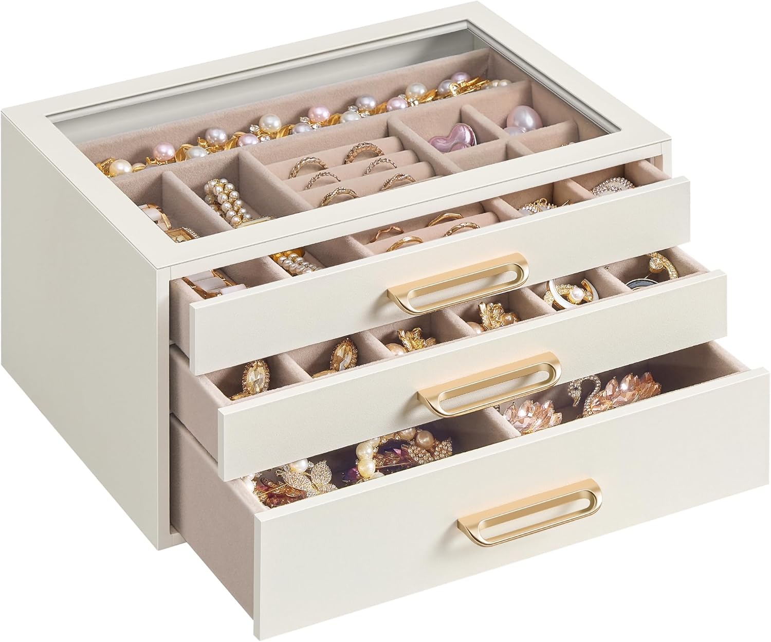 SONGMICS 3-Layer Jewelry Box with Glass Window, Jewelry Storage Organizer with 3 Drawers, Golden Handles, for Rings, Earrings, Bracelets, Gift Idea, Cream White, 6.3 x 9.4 x 4.9 Inches UJBC206WD02S