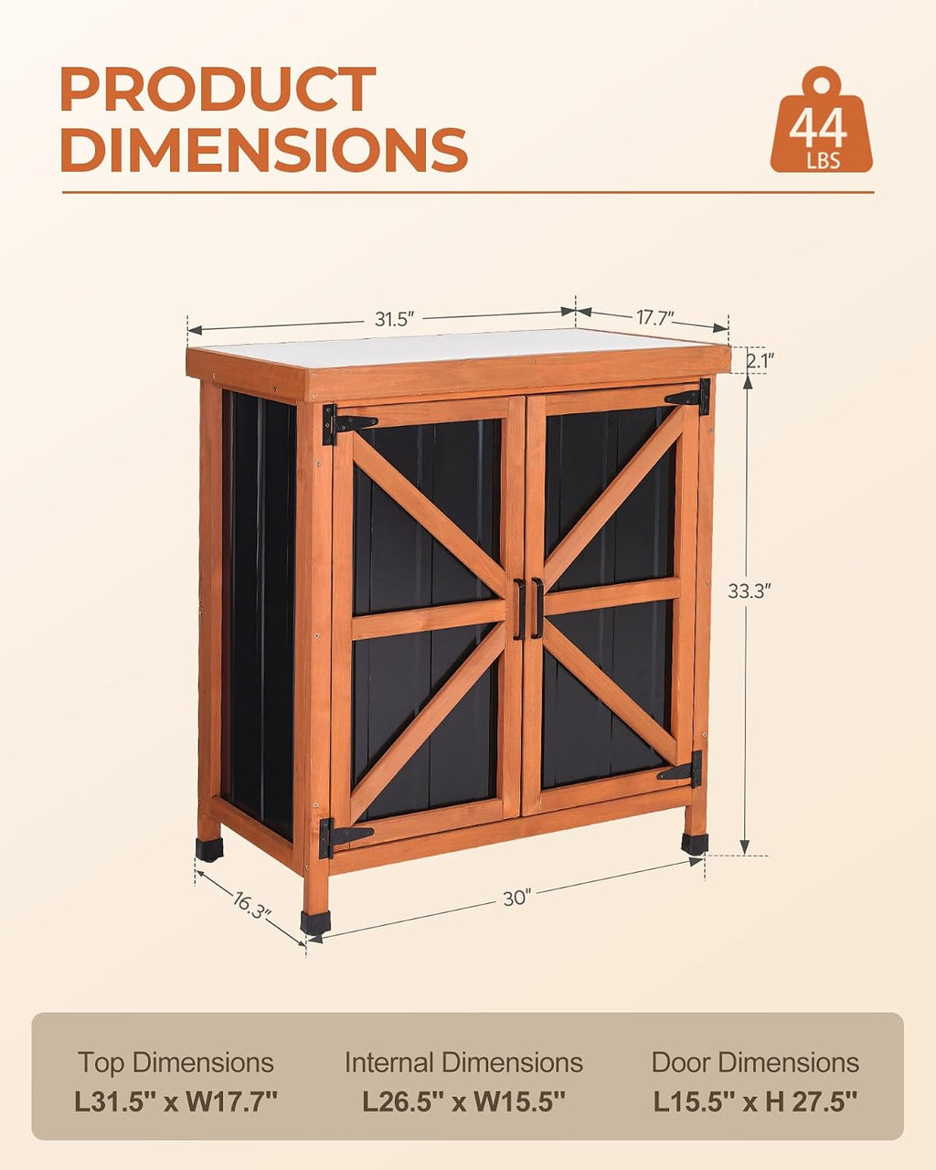 Outdoor Storage Cabinet, 31.5"×17.7"×33.3" in Wood Garden Tool Shed with Rustproof Metal Top, Potting Bench for Patio, Backyard, Pool & Garage, Organizer with Shelves