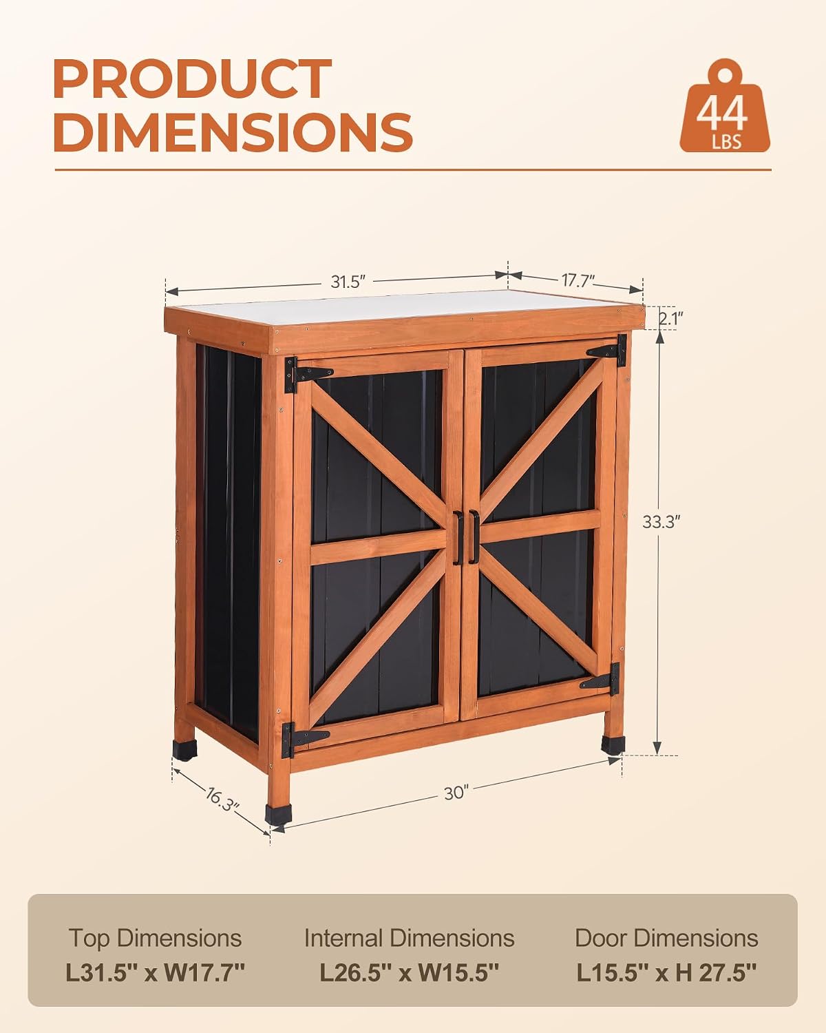 Outdoor Storage Cabinet, 31.5"×17.7"×33.3" in Wood Garden Tool Shed with Rustproof Metal Top, Potting Bench for Patio, Backyard, Pool & Garage, Organizer with Shelves