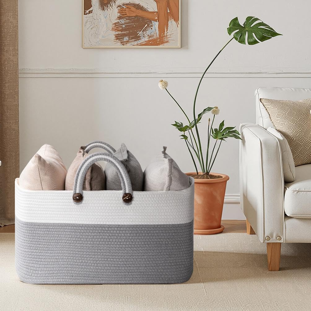 OIAHOMY 75L Large Blanket Basket, 22”x17”x12” Rectangle Woven Baskets For Storage, Nursery Blanket Storage Living Room, Toy Box With Long Handle-Gradient Grey With White