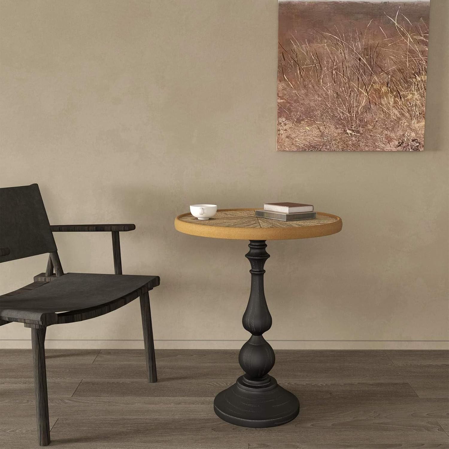 Vintage Round Accent Table with Carved Wood Detailing and Black Pedestal Base, 19.9” Diameter, 23.4” Height - Ideal for Living Room or Entryway Decor