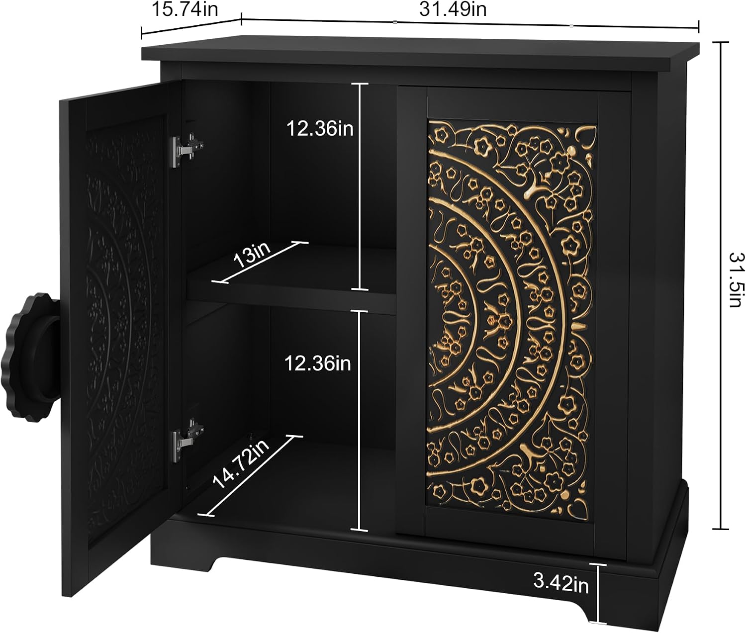 ARTPOWER Embossed Accent Cabinet with Gold Florals Pattern, Vintage Sideboard Buffet Cabinet, Credenza Storage Cabinets with Doors and Shelves for Living Room, Dining Room, Entryway, Hallway, Black