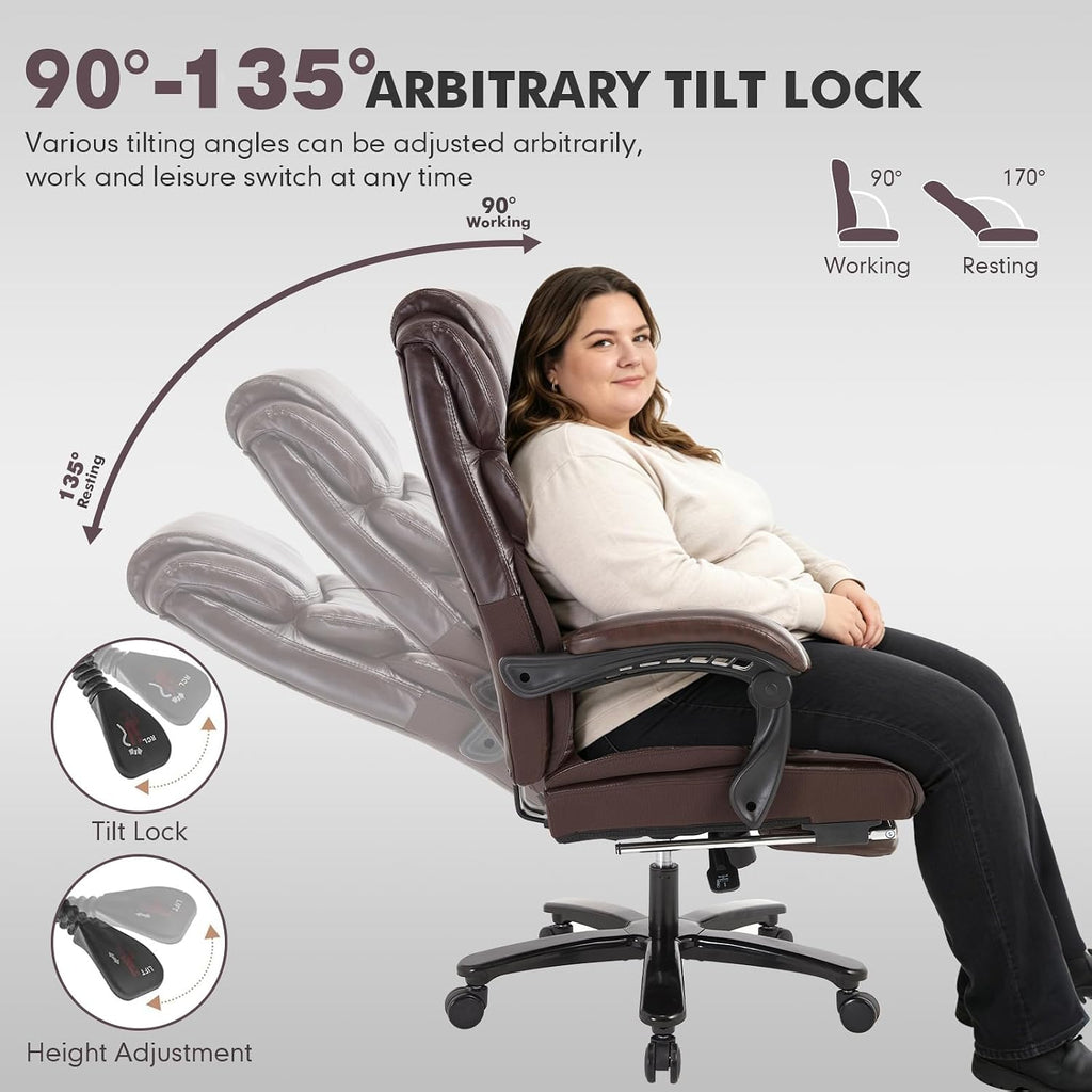 Heavy Duty Executive Office Chair, 500lbs Big and Tall Office Chair with Wide Seat, Reclining Ergonomic Desk Chair with Footrest PU Leather Computer Chair for Home Office, Red Brown