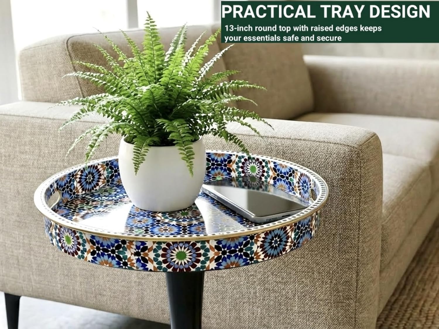 Gesodant Boho Chic Round Side Table, 13" Artistic Patterned Small Drink Table with Glossy Tray Top, Stable Hourglass Pedestal Base, Unique Plastic End Table for Living Room, (Moroccan)
