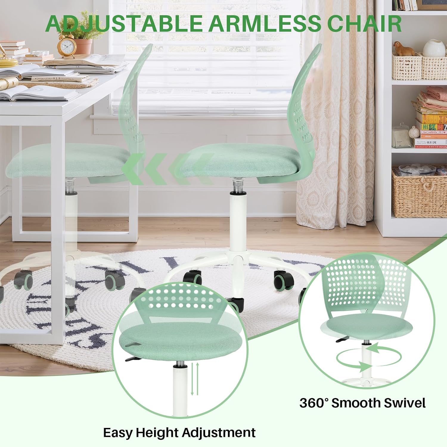 FurnitureR Armless Desk Chair with Wheels, Ergonomic Adjustable Height Swivel Task Chair with Breathable Back and Padded Seat, Rolling Study Computer Seating for Kids Teens, Mint Green