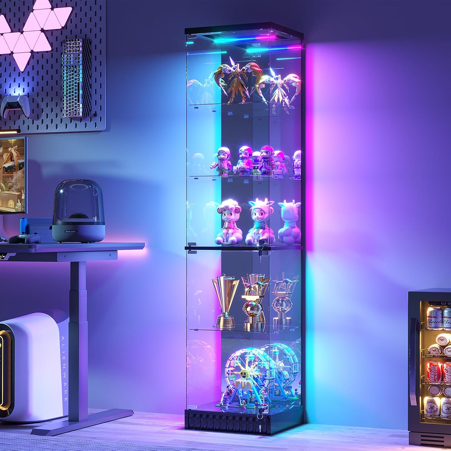 HNEBC Glass Display Cabinet, LED Display Case with RGB Lighting, Lockable Curio Cabinet with Explosion-Proof Glass Doors for Collectibles,5-Tier China Cabint with Motion Sensor Light-Black