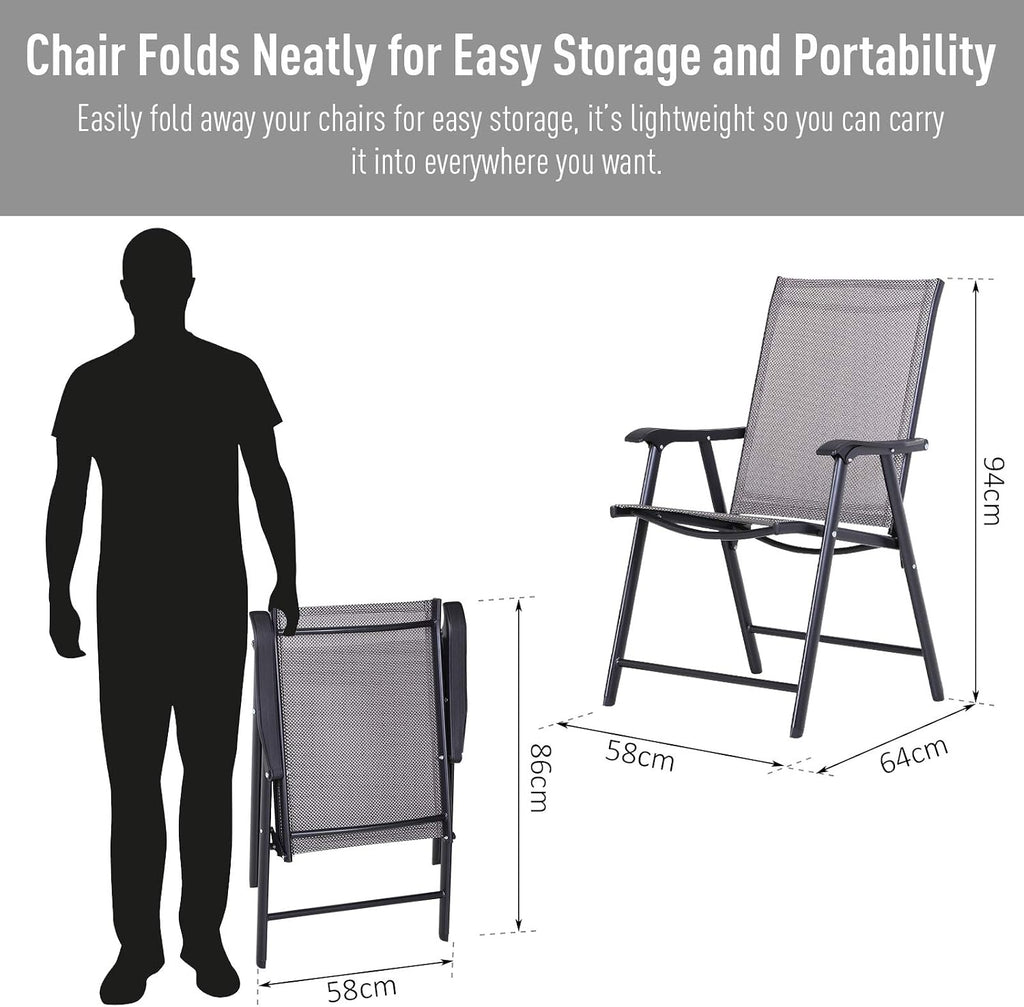 Set of 2 Patio Folding Chairs, Stackable Outdoor Sling Patio Dining Chairs with Armrests for Lawn, Camping, Dining, Beach, Metal Frame, No Assembly, Gray