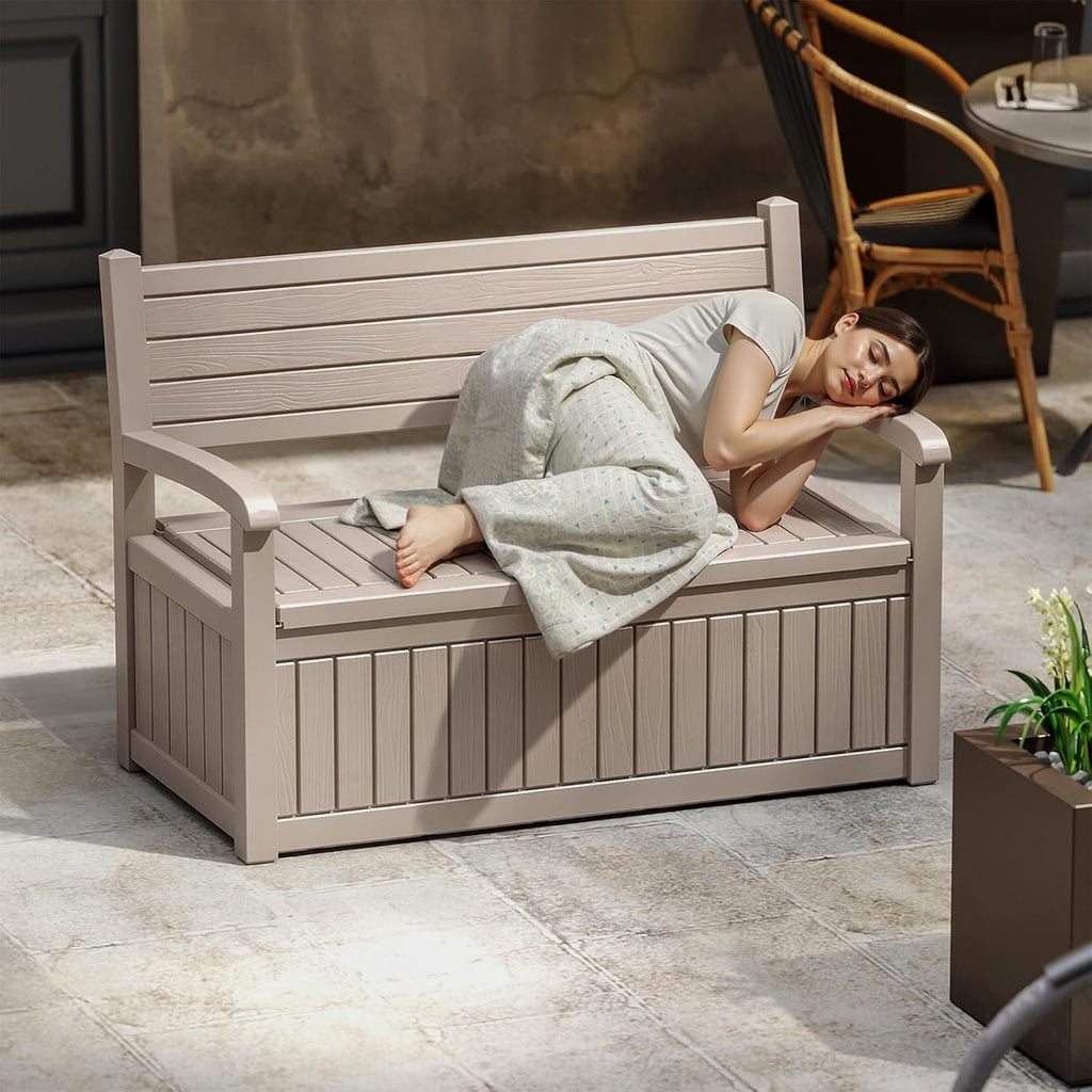 EasyUp 80 Gallon Outdoor Storage Bench, Waterproof Resin Deck Box with Lockable Lid Indoor Outdoor Storage Cushions Furniture Tools for Patio,Garden,and Porch (Gray)