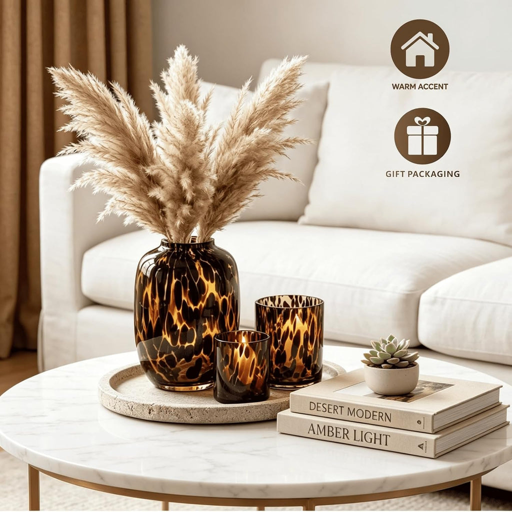 Amber Tortoise Shell Glass Vase & Candle Holder Set of 3, Hand Blown Farmhouse Centerpiece Decor, Vintage Warm Home Decor for Dining Table, Coffee Table, Wedding, Fall
