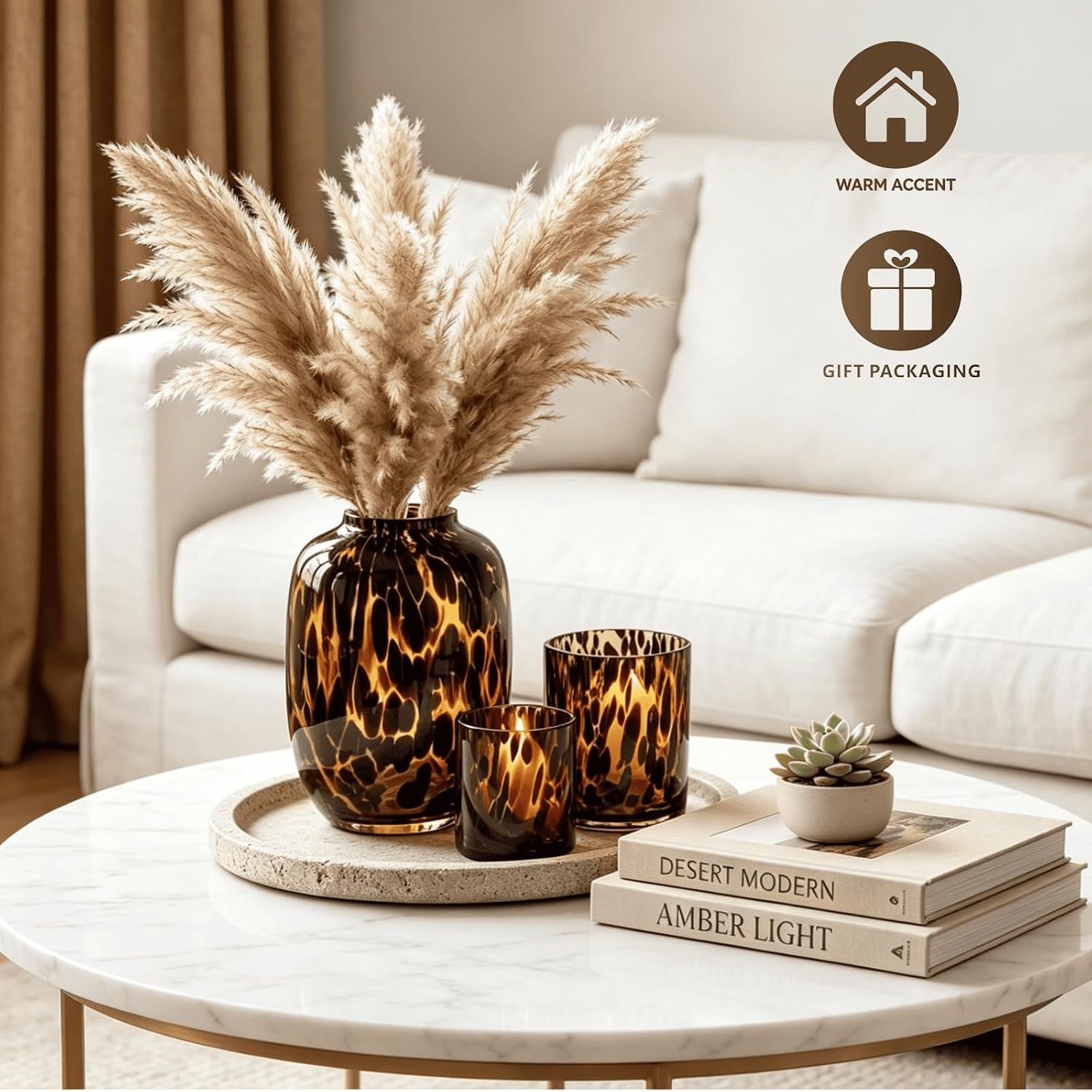 Amber Tortoise Shell Glass Vase & Candle Holder Set of 3, Hand Blown Farmhouse Centerpiece Decor, Vintage Warm Home Decor for Dining Table, Coffee Table, Wedding, Fall