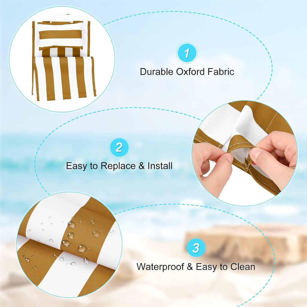 Beach Sling Chair Replacement Canvas, 16x44.5 Inch Folding Lounge Chair Fabric with Pillow for Beach/Sunbathing/Courtyard/Garden [Striped Brown, Only Replacement]