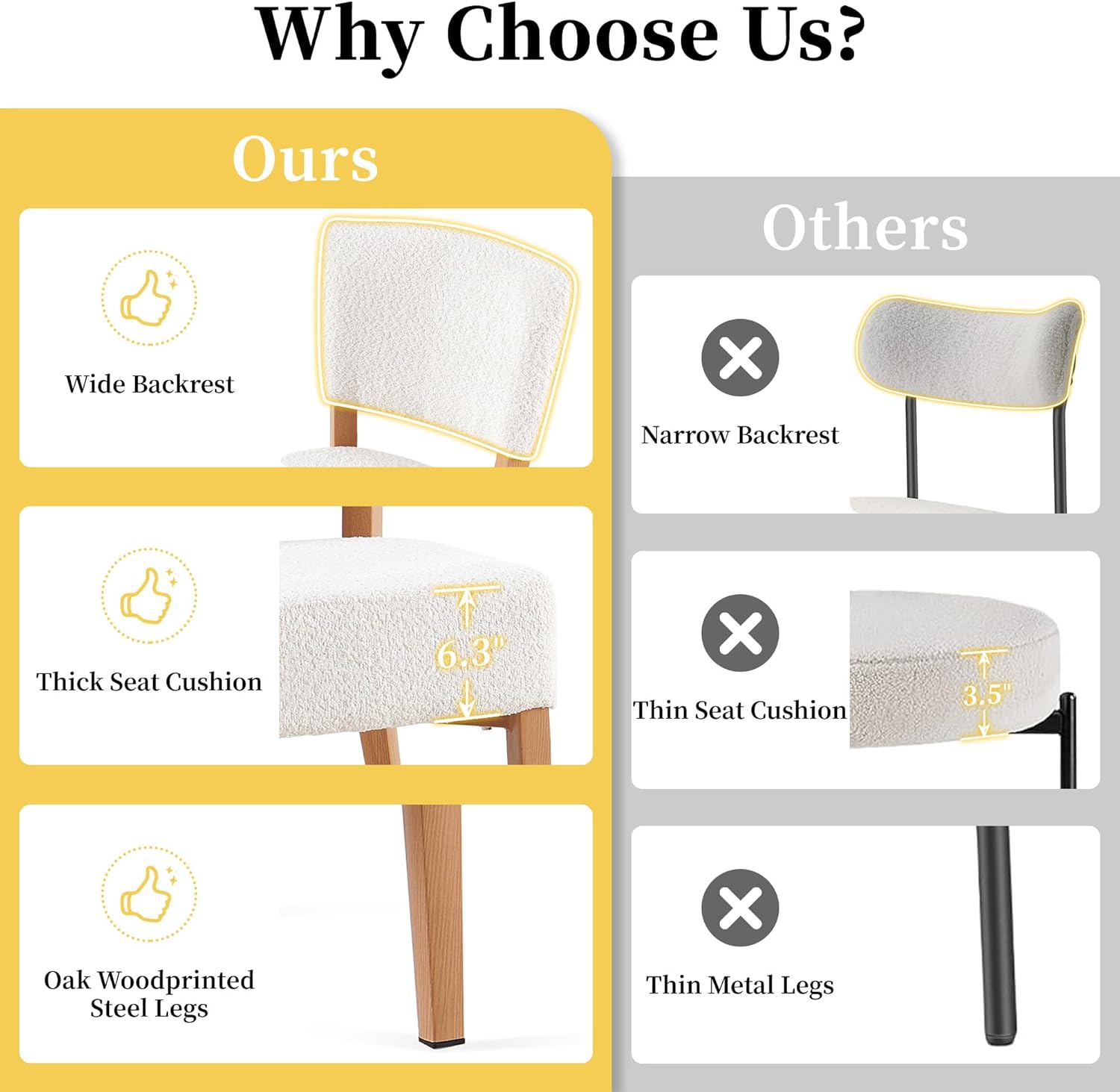 Stackable Dining Chairs Set of 2, Modern Fabric Upholstered Kitchen Side Chairs, Mid Century Modern Dining Room Chair with Oak Wood Grain Color Metal Legs for Small Spaces, White
