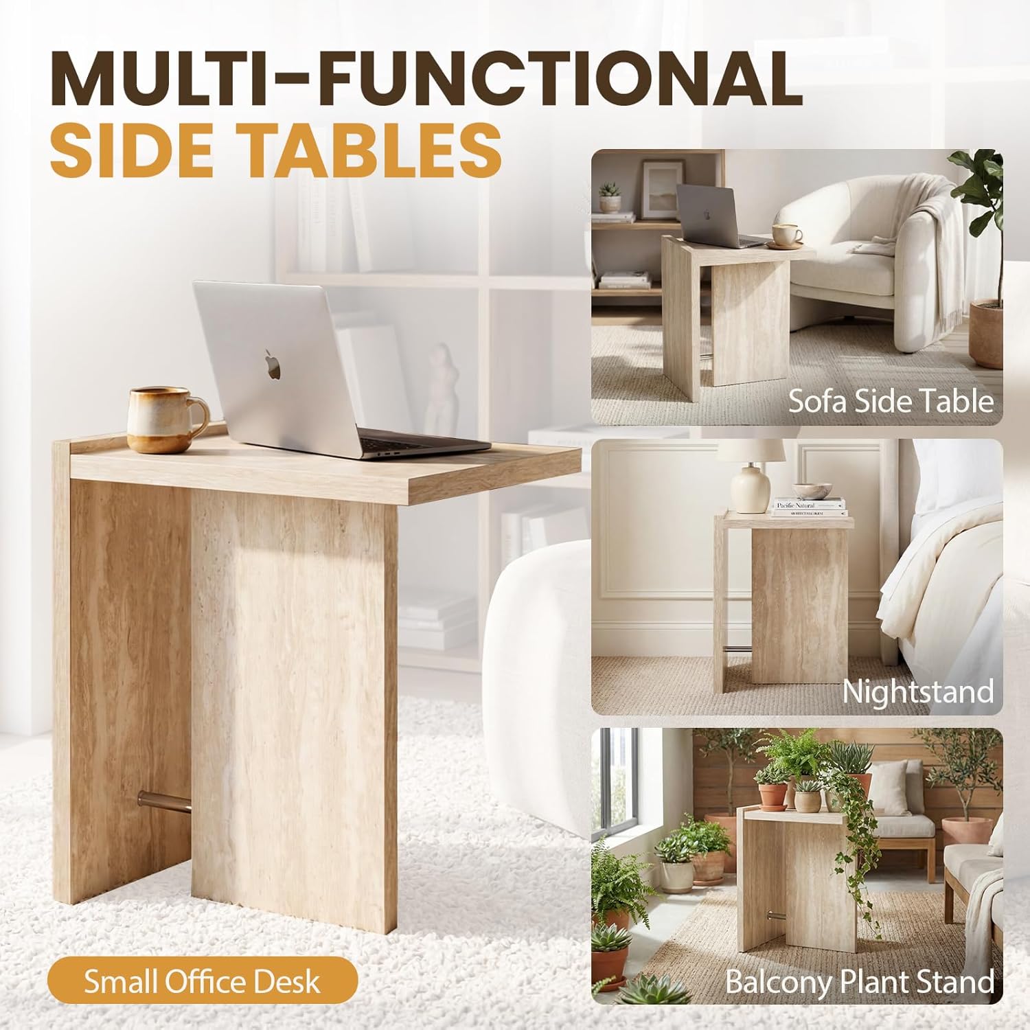 Hyfirm Faux Travertine Side Table for Living Room: Modern Sofa Couch End Table with Silver Metal Support Bar Small Accent Table for Bedroom Night Stand Bathroom Small Spaces (Natural Beige)