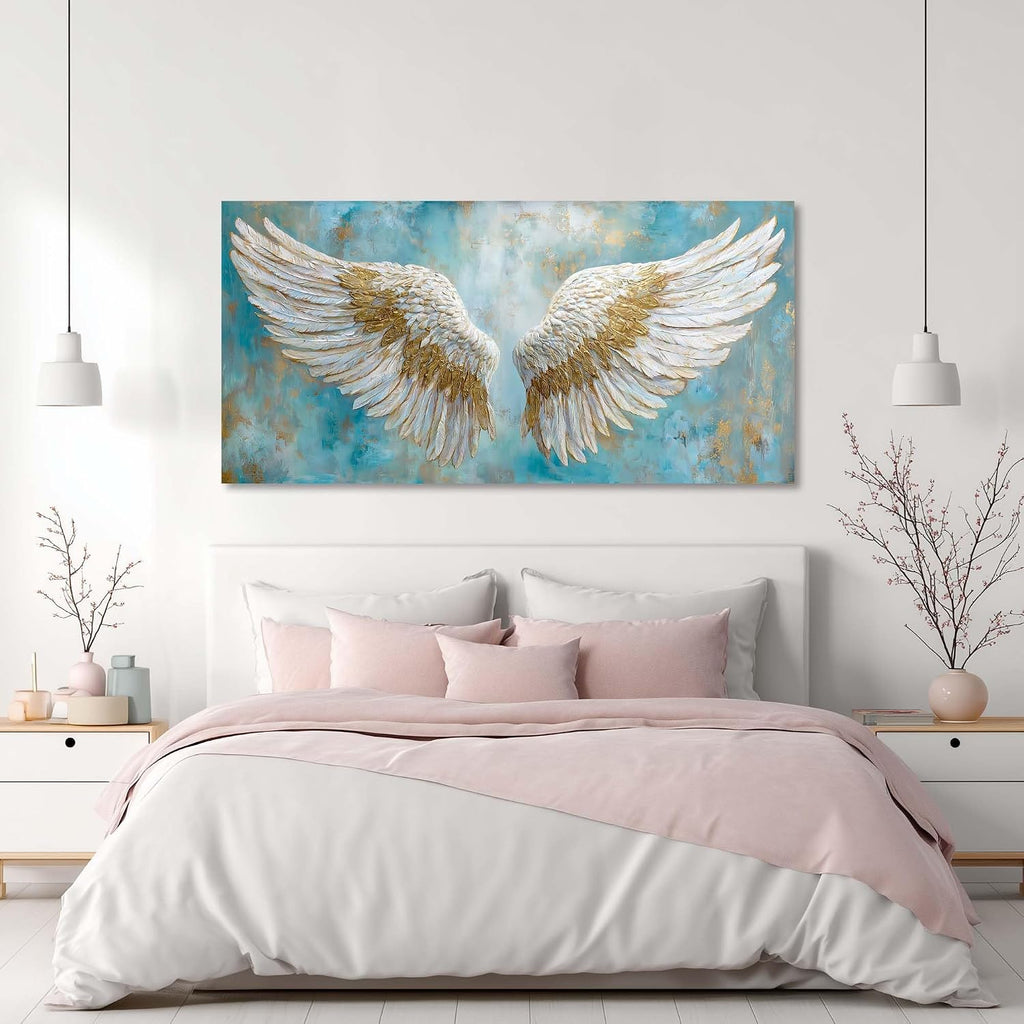 TEKMENT White Angel Wings Wall Art for Bedroom Oil Painting Canvas Prints Beautiful Blue Anime Art Deco Elegant Artwork Office Family Decor
