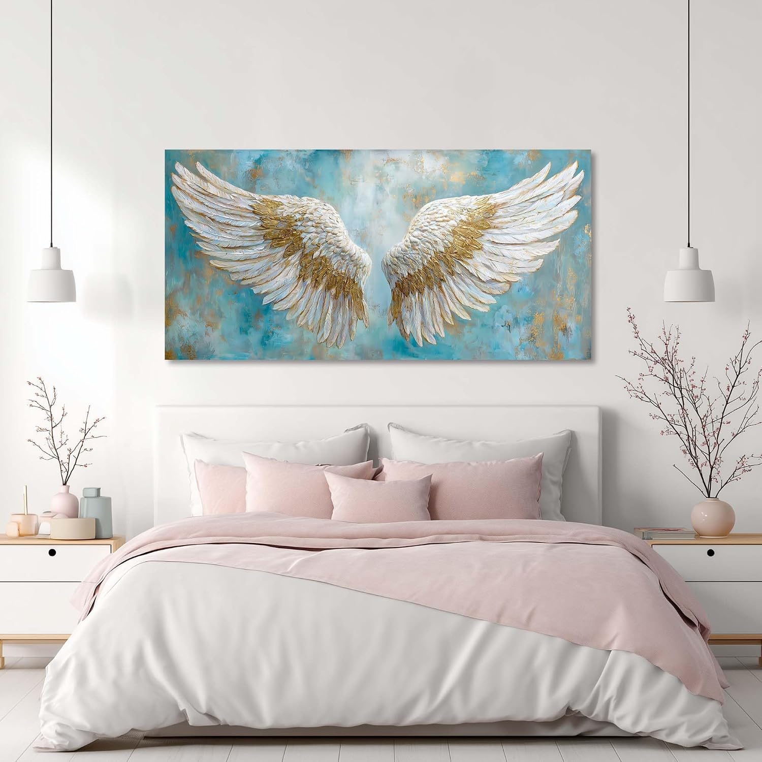 TEKMENT White Angel Wings Wall Art for Bedroom Oil Painting Canvas Prints Beautiful Blue Anime Art Deco Elegant Artwork Office Family Decor
